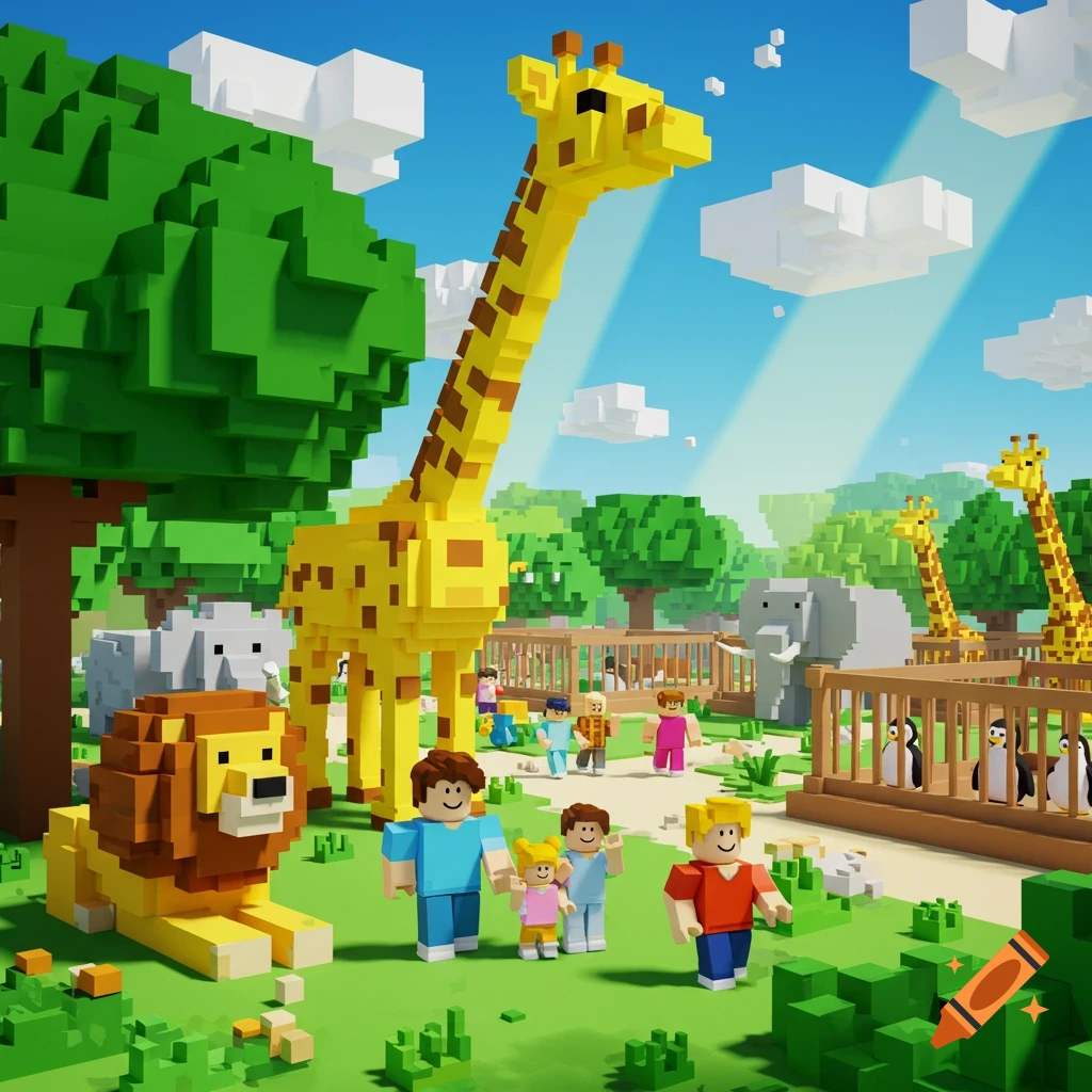 A blocky Roblox-style zoo scene with giraffes, a lion, elephants, penguins, and people enjoying the sunny day.