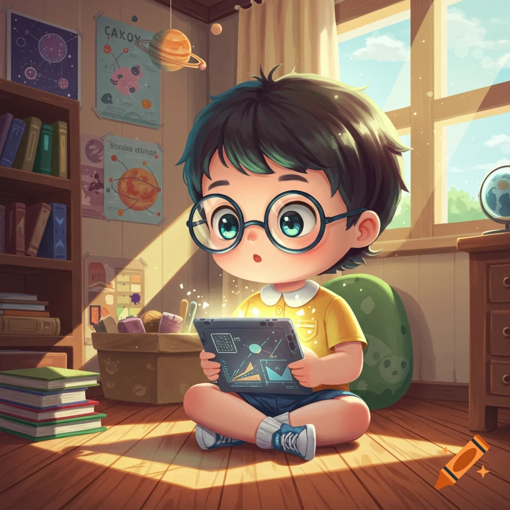 Chibi boy with glasses sits on a wooden floor, focused on a glowing tablet in a sunlit room with bookshelves and space posters.