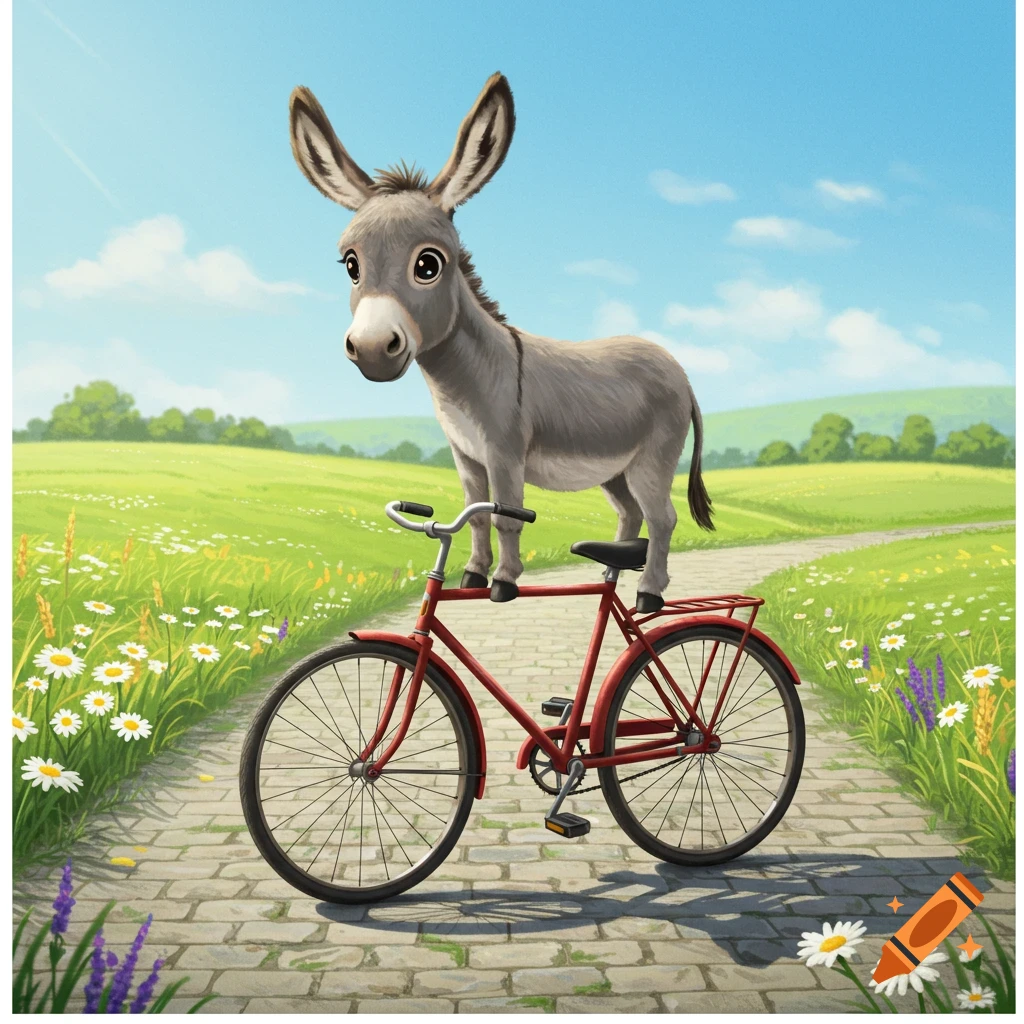 A cheerful cartoon donkey stands on a red bicycle on a cobblestone path in a sunny green field with white and purple flowers.