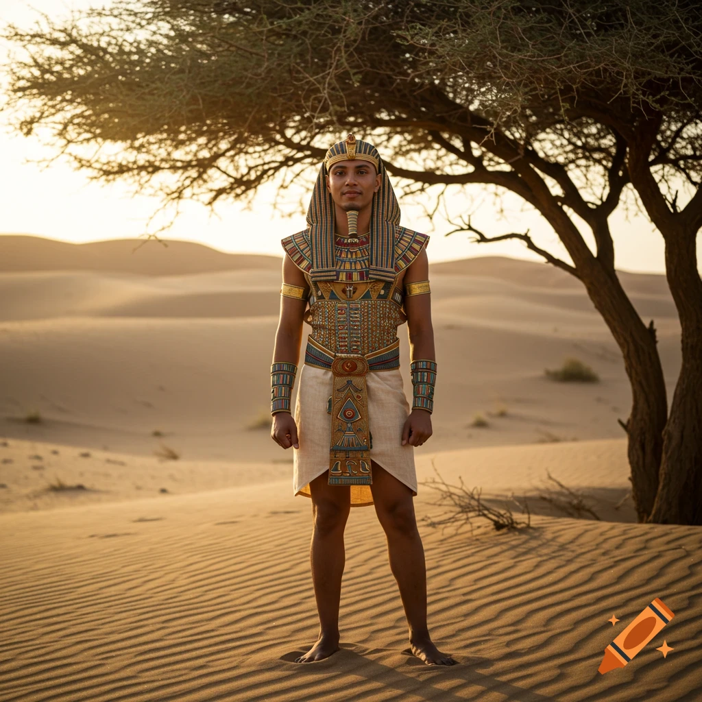 A man in ornate ancient Egyptian attire stands barefoot in a desert landscape under a tree at sunset.