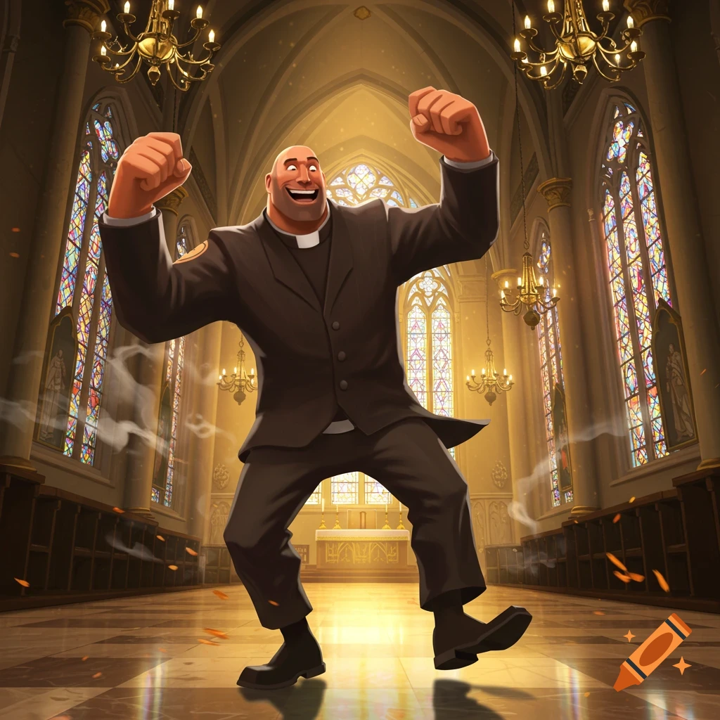 Cartoon Heavy from Team Fortress 2, dressed as a Catholic priest, dances enthusiastically inside a grand church with stained glass windows.
