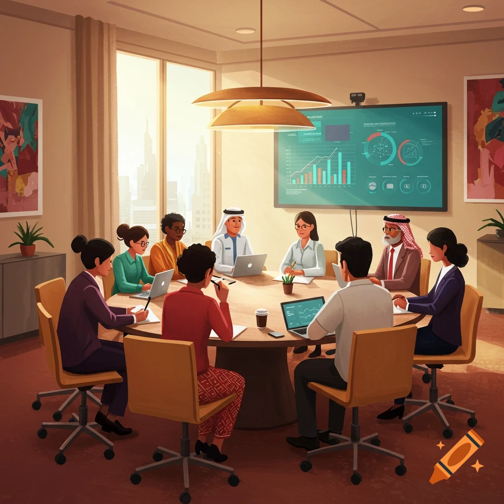 Diverse professionals hold a meeting in a modern conference room with a large screen displaying charts.