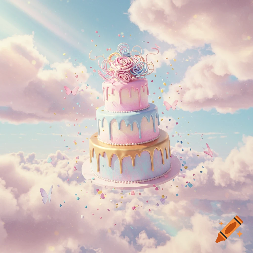 A whimsical three-tier cake with pink, blue, and gold frosting, adorned with roses and pearls, floats in pastel clouds with confetti.