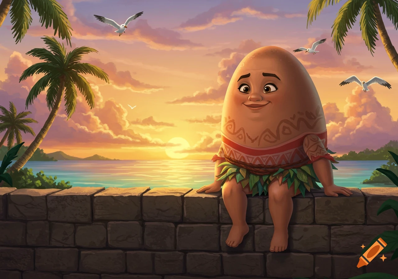 Cartoon egg-shaped Moana character sitting on a stone wall overlooking a tropical ocean at sunset, with palm trees and seagulls.