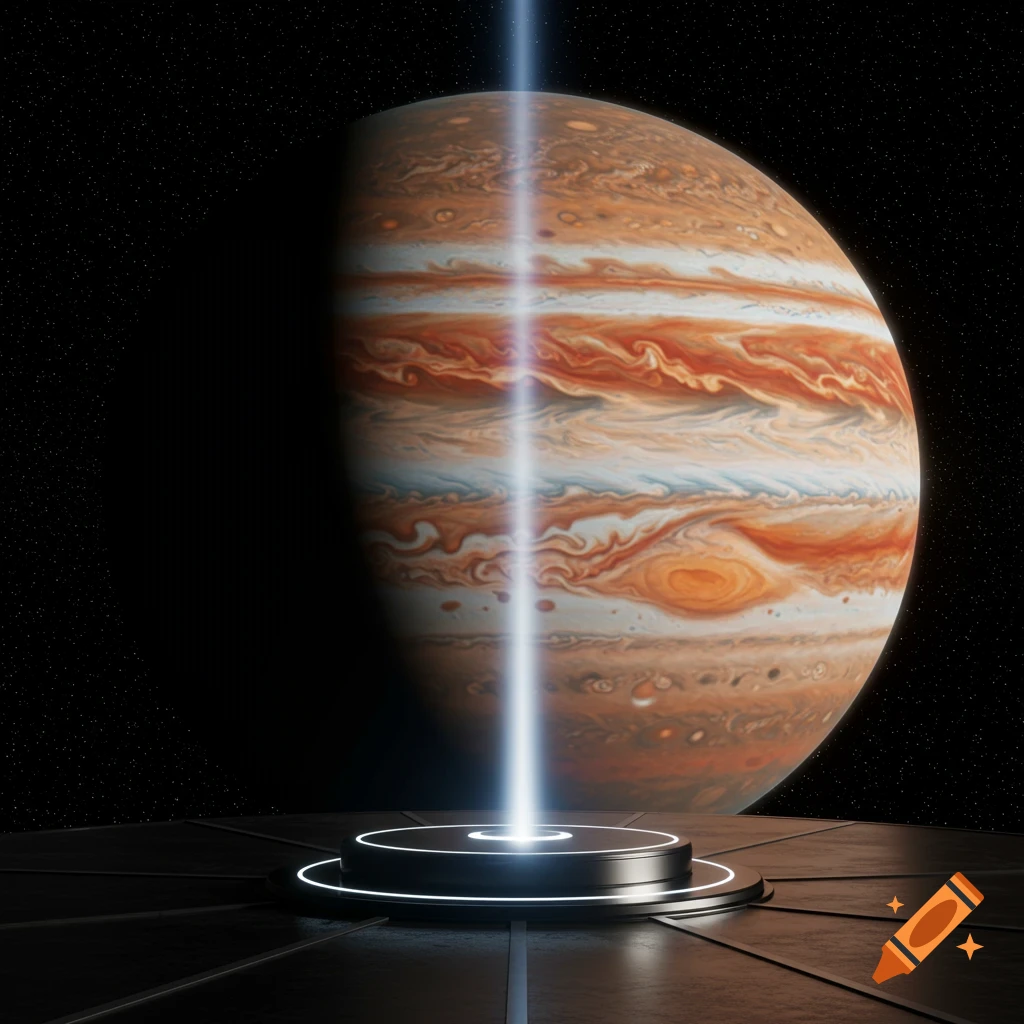 Jupiter in space with a futuristic circular podium on a dark platform emitting a bright vertical light beam.