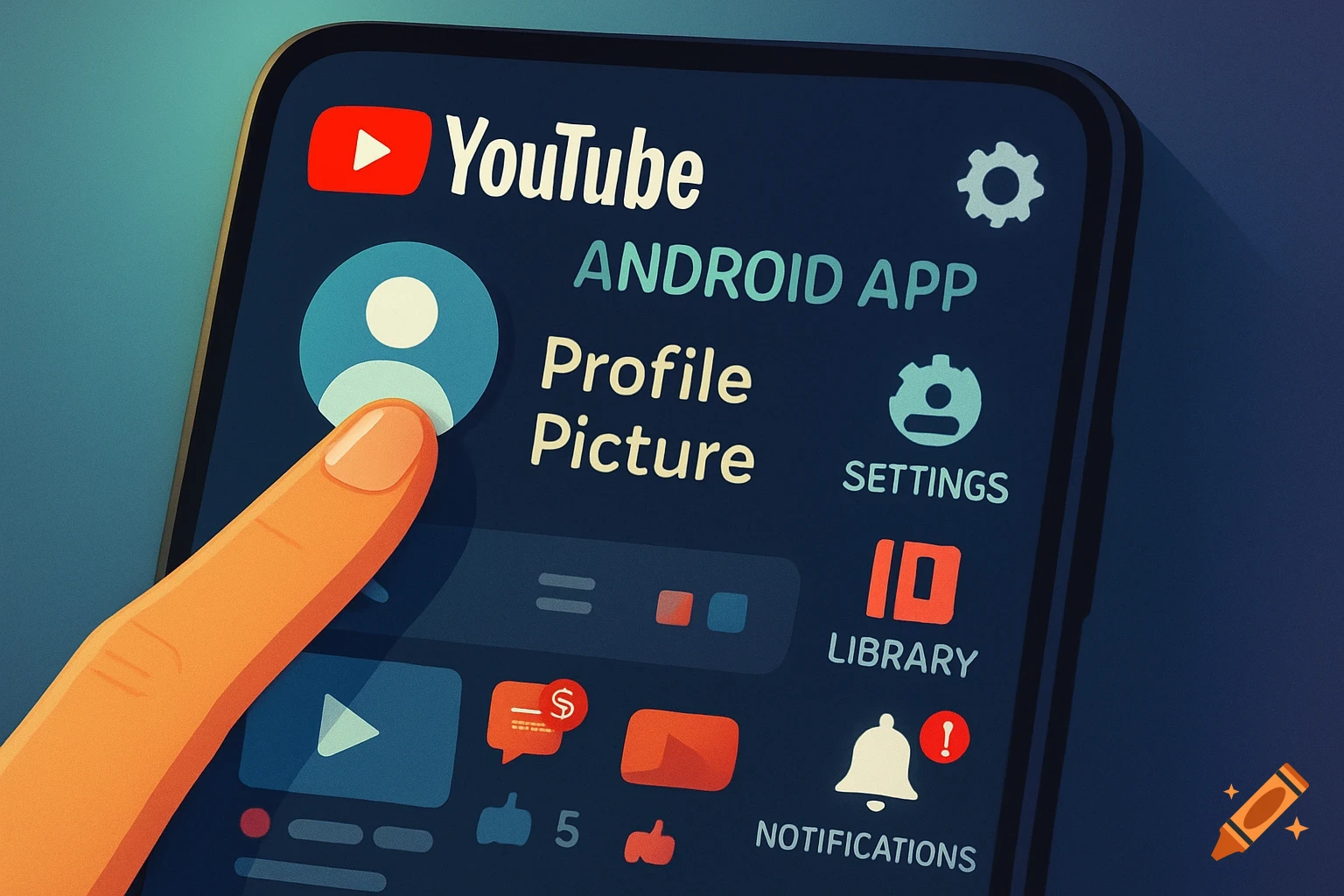 A finger taps the profile picture icon on a stylized illustration of the YouTube Android app interface.