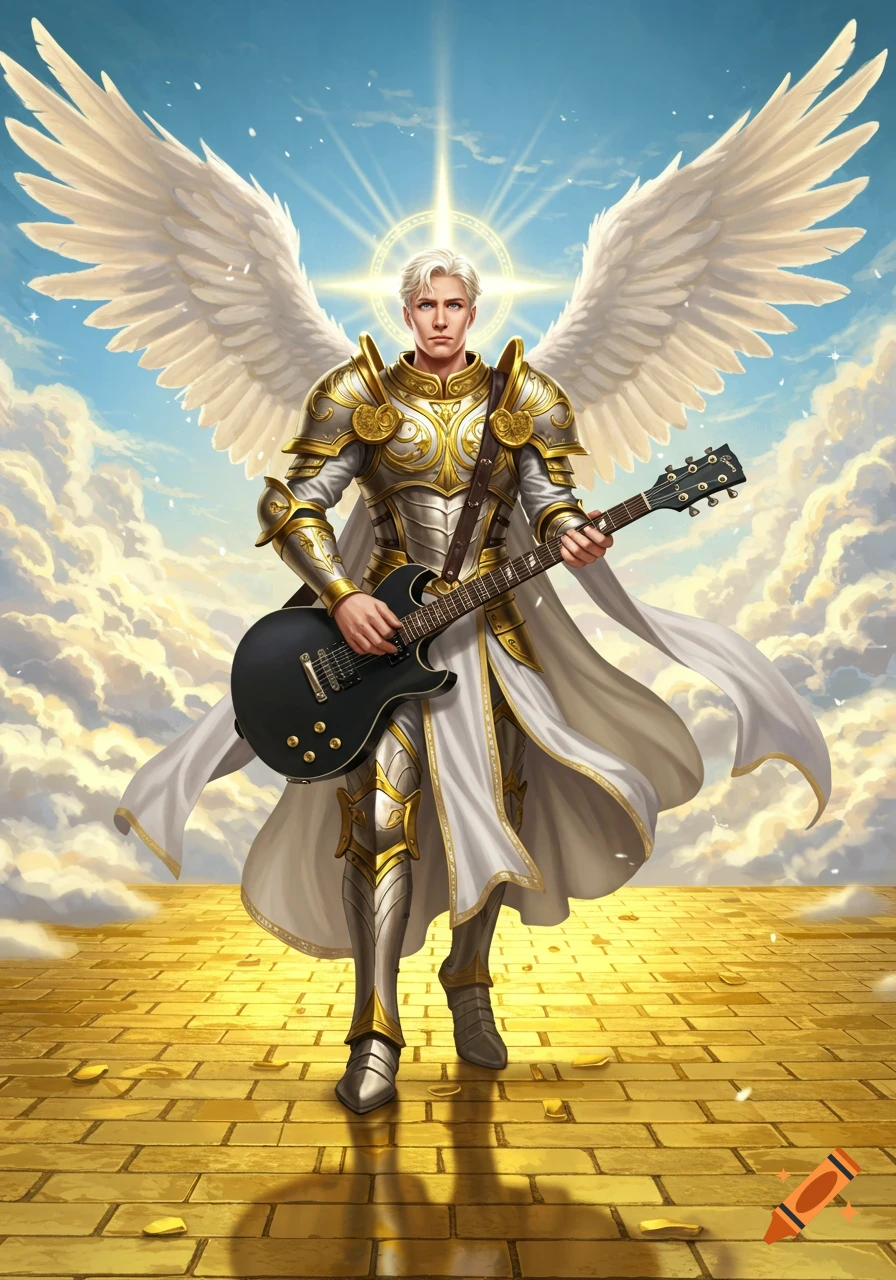 A majestic angel in gold armor and a white cape plays a black electric guitar on a golden brick path under a bright blue, cloudy sky.