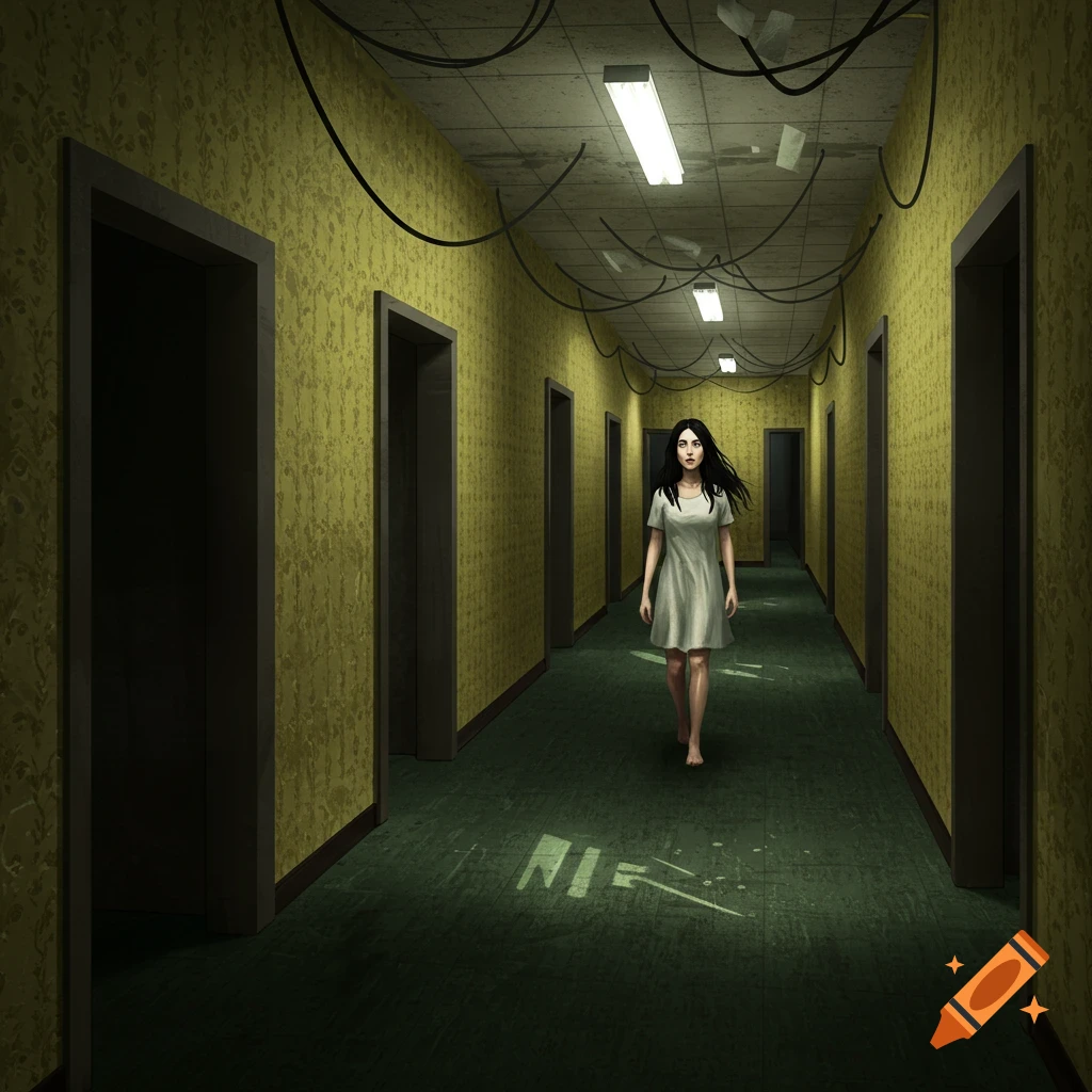 An eerie digital illustration of a pale woman in a white dress walking down a long, dimly lit hallway with yellow patterned wallpaper and exposed wires.