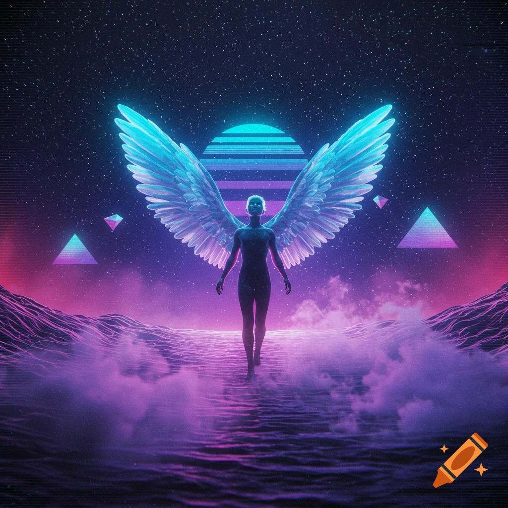 A glowing winged figure walks across a neon purple landscape with a striped sun and geometric shapes under a starry synthwave sky.