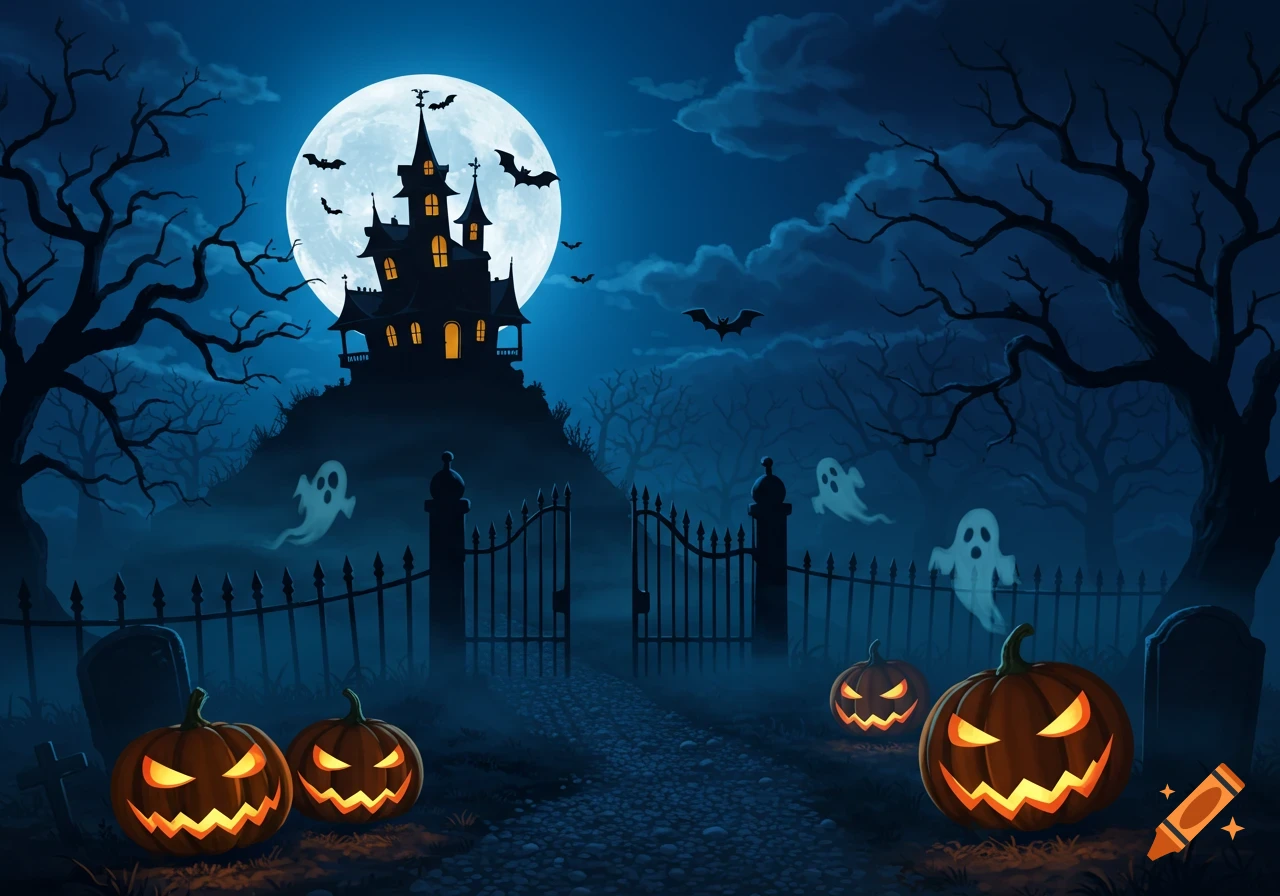 Spooky Halloween night with a haunted house on a hill, glowing jack-o'-lanterns, flying bats, and ghostly figures under a full moon.