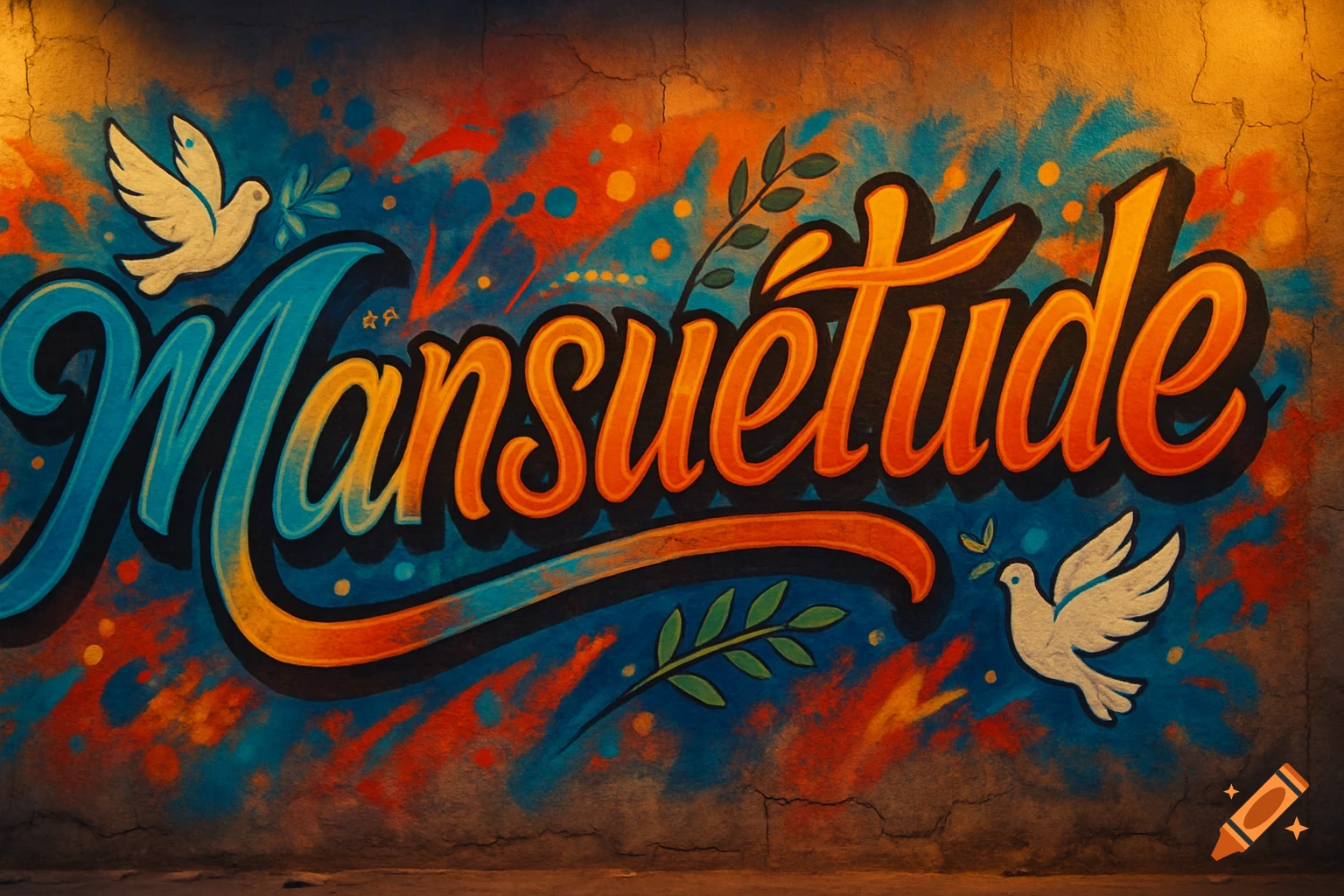Colorful graffiti on a textured wall reads "Mansu u00e9tude" in stylized blue and orange letters, with white doves and olive branches.
