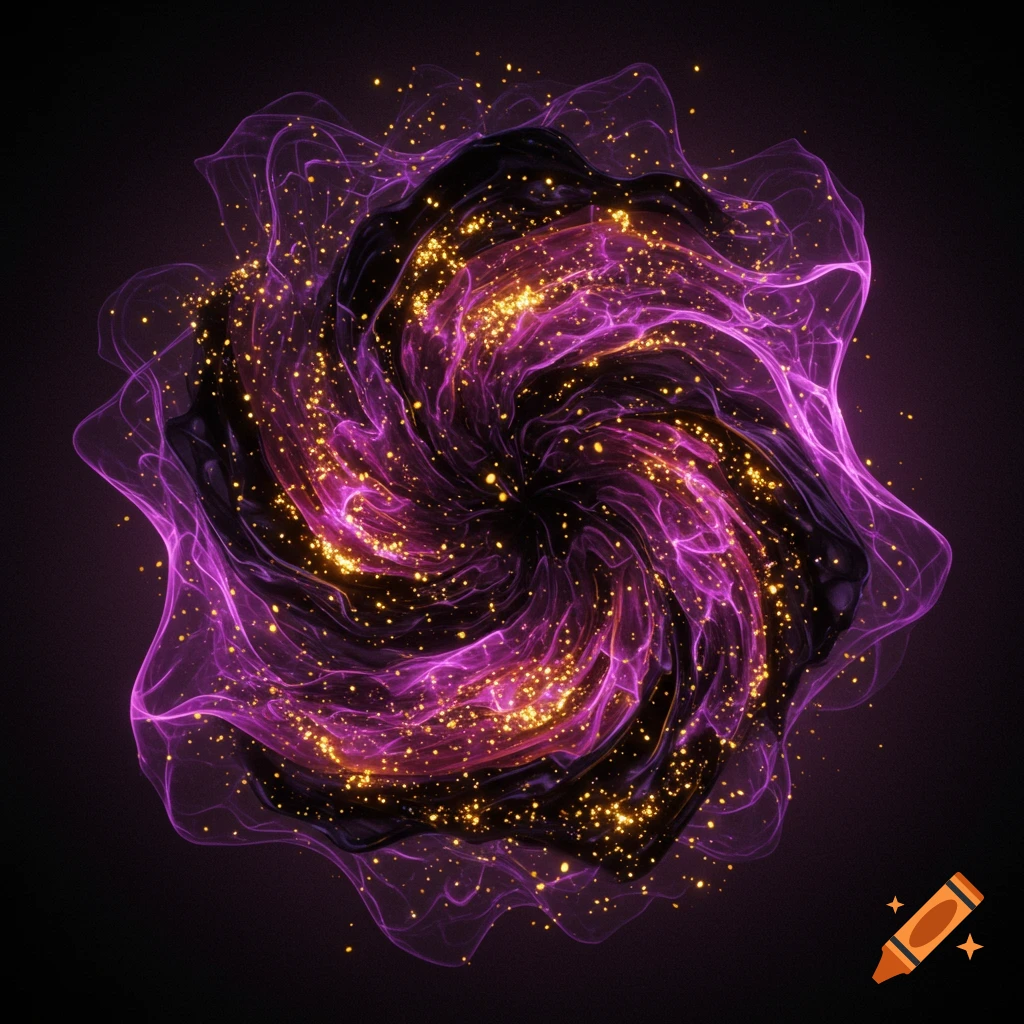 Abstract swirling purple and black energy vortex with golden sparkles on a dark background.