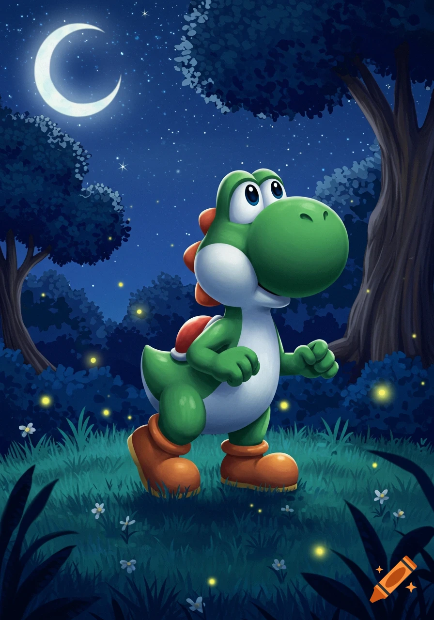 A cute green Yoshi walks through a dark fantasy forest at night, illuminated by a crescent moon and glowing fireflies.