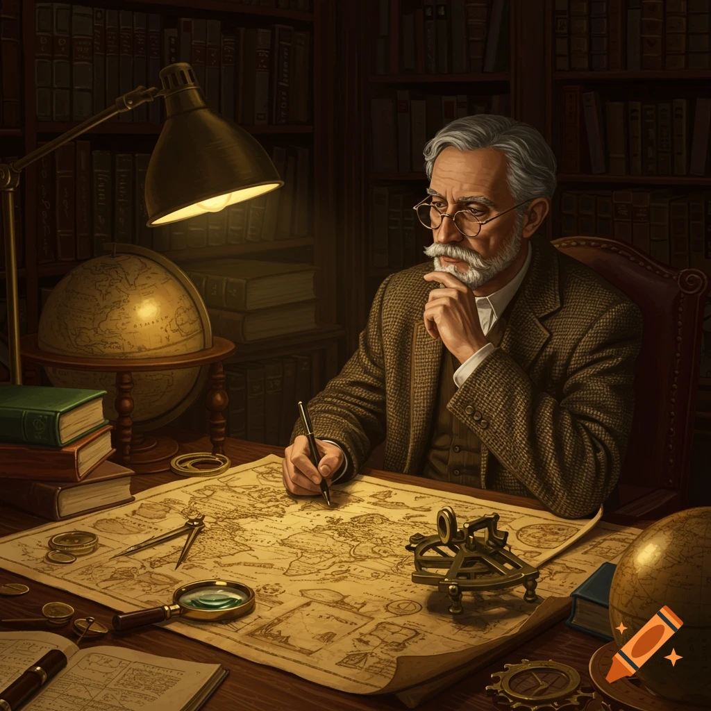 An old male geographer with a beard and glasses sits at a desk under a lamp, drawing on a large map in a dimly lit study filled with bookshelves and globes.