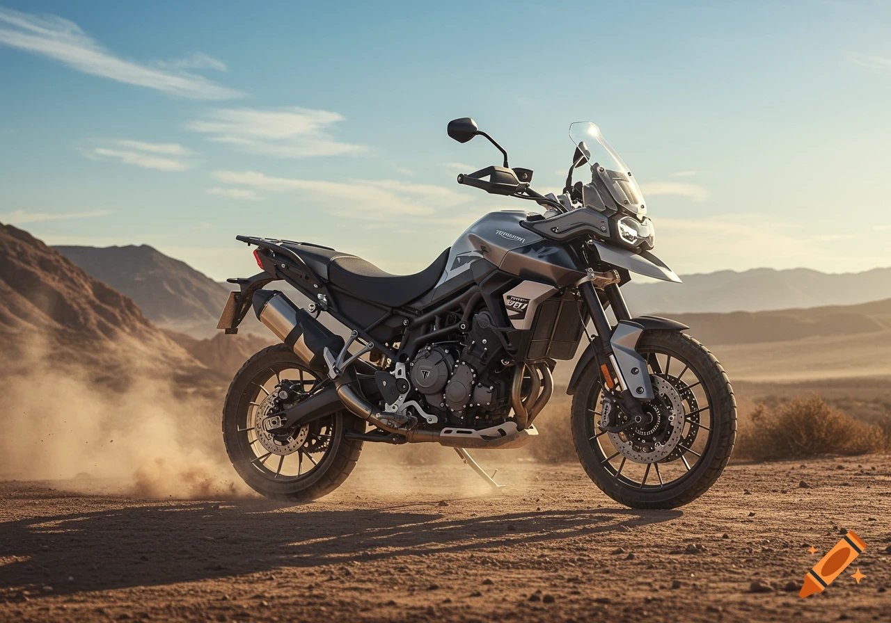 A photorealistic image of a gray and black Triumph Tiger 900 GT Pro adventure motorcycle on a dusty off-road trail in a desert landscape.