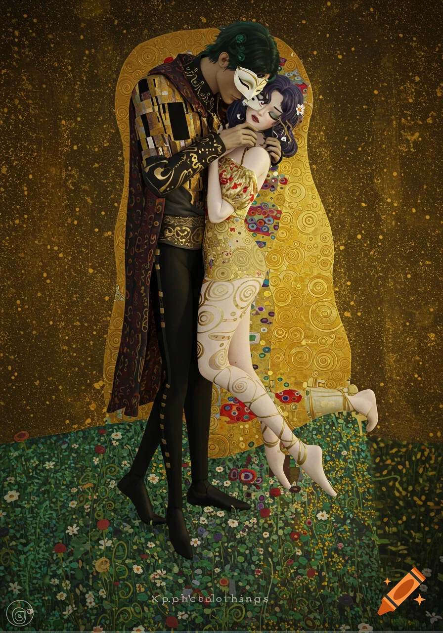 Two stylized characters, a man in a mask and a woman in a golden dress, embrace in a Klimt-esque golden scene with flowers.