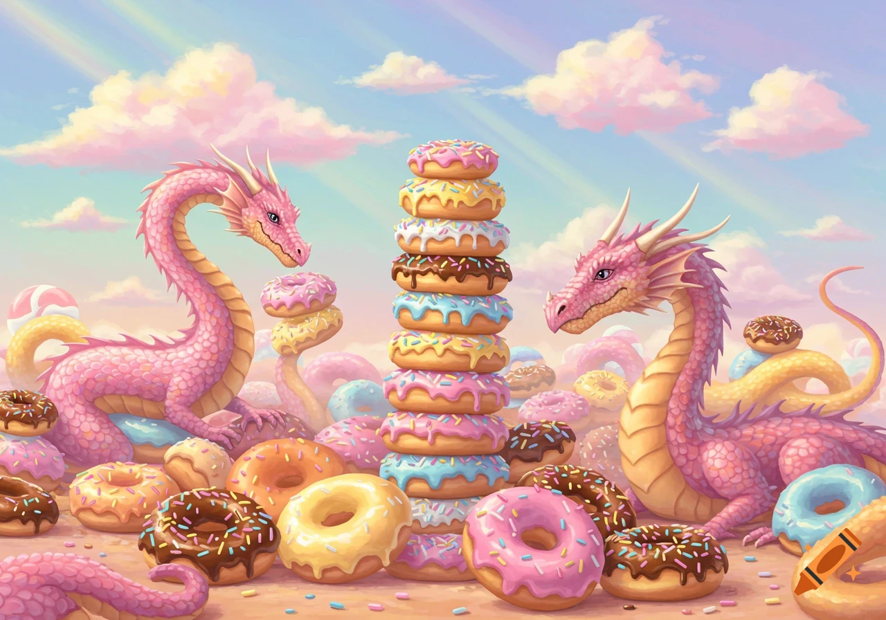Two pink dragons in a pastel fantasy landscape, surrounded by colorful, frosted donuts, one beside a tall stack.