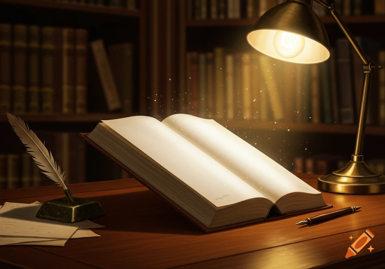 An open book with blank pages glows under a brass desk lamp on a wooden table, next to a quill, pen, and papers in a dimly lit library.