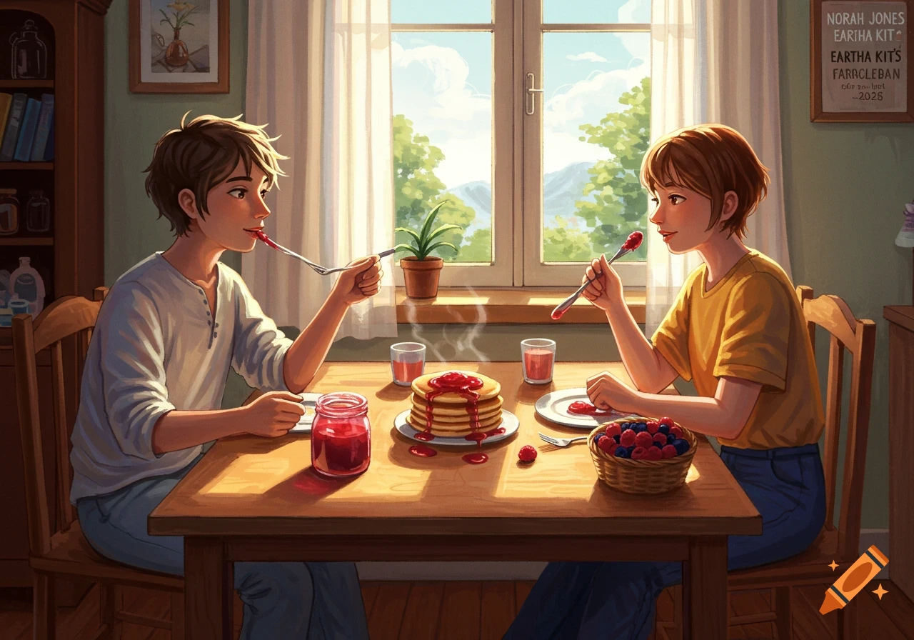 Two people with short brown hair sit at a sunlit wooden table, eating pancakes and berries in a cozy room, illustration.