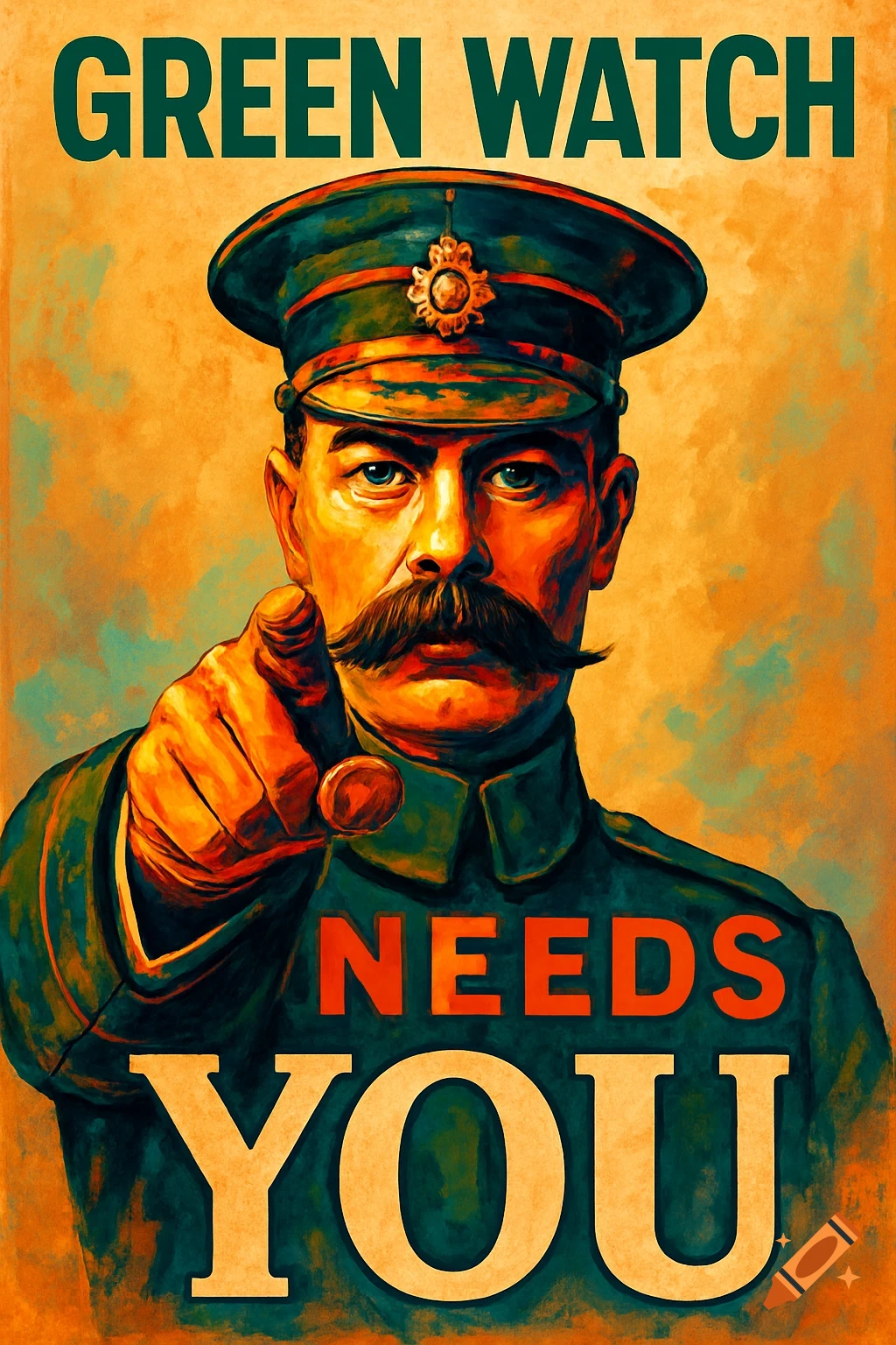 A vintage-style propaganda poster features a man in a green military uniform and cap, with a mustache, pointing directly forward, with the text 'GREEN WATCH NEEDS YOU' against an orange background.