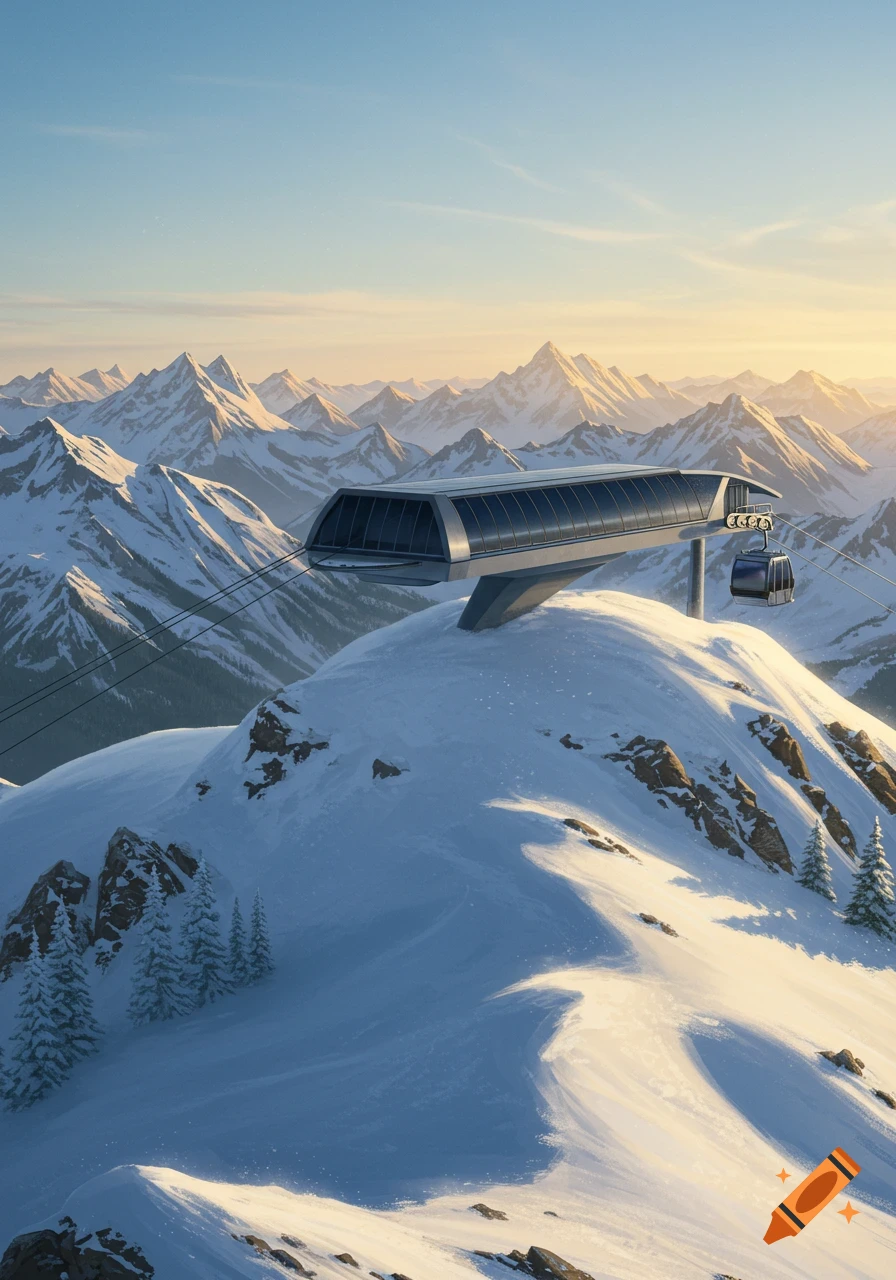 A modern ski lift station and gondola on a snow-covered mountain peak with a vast mountain range at sunrise.