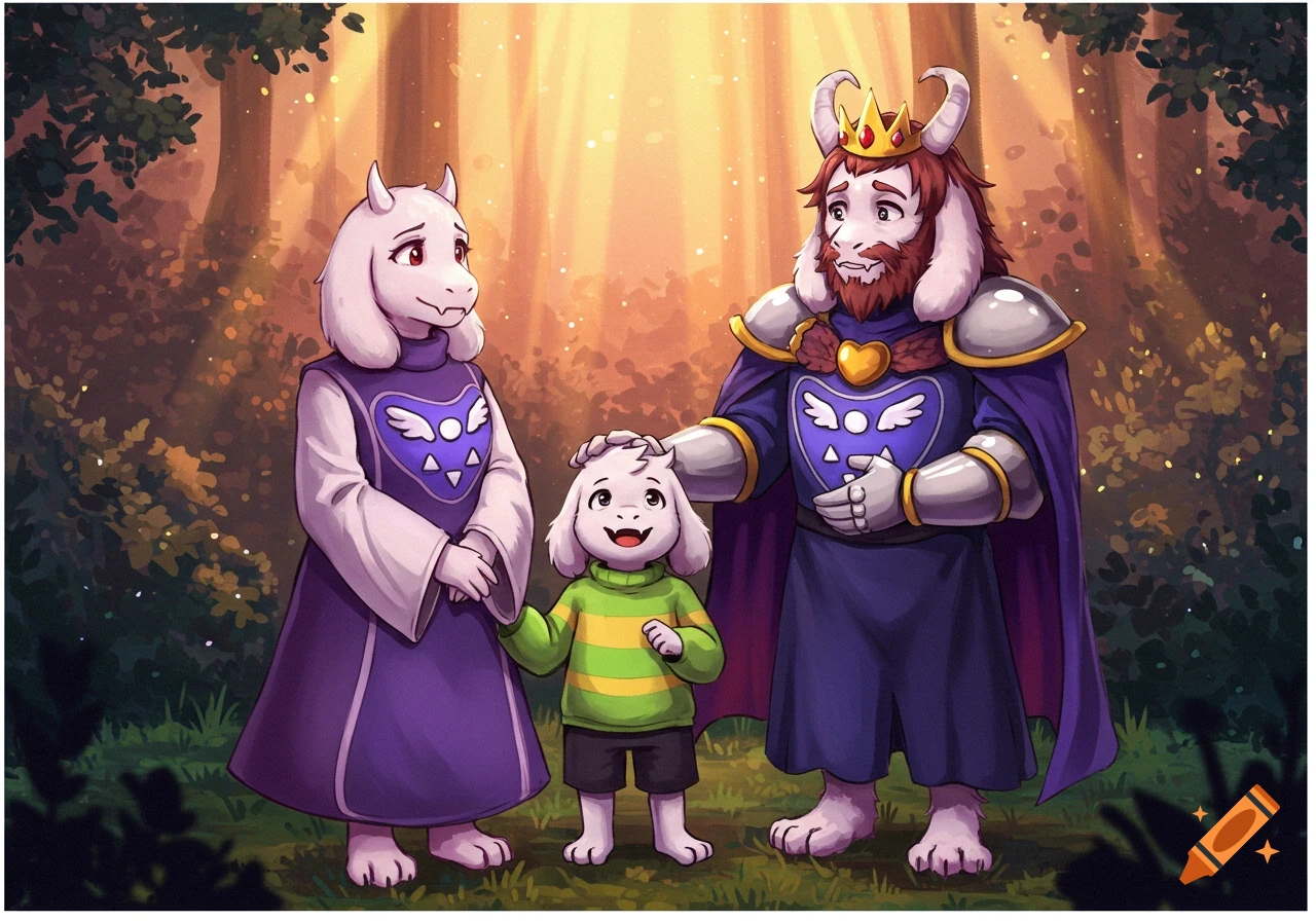 Toriel, Asgore, and Asriel from Undertale, a family of anthropomorphic goat-like characters, stand in a sunlit forest.