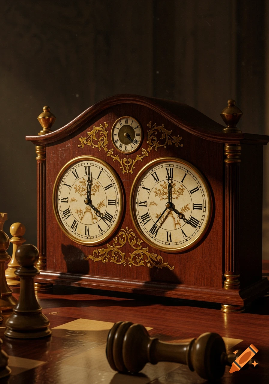 A detailed wooden chess clock with gold accents and three faces sits on a chessboard next to chess pieces.