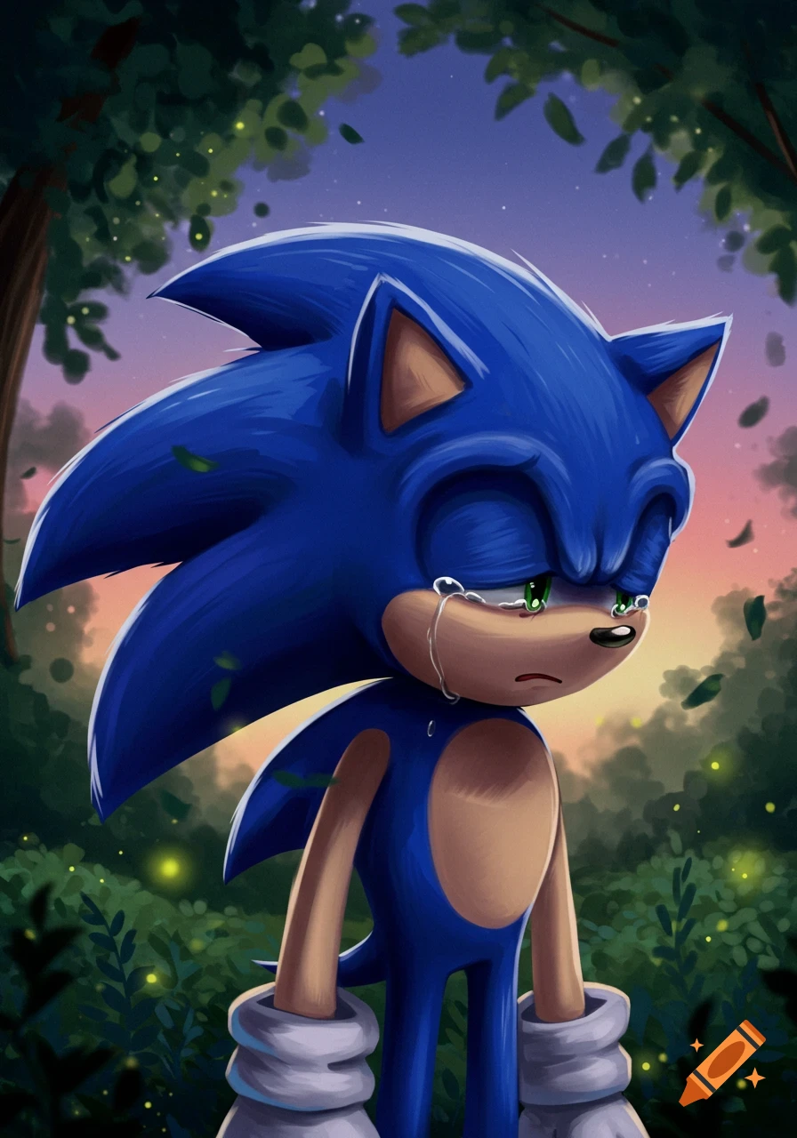 Sonic the Hedgehog cries sadly in a dark, glowing forest at dusk, depicted in a digital illustration.
