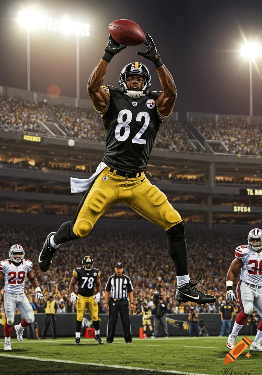 A photorealistic image of a Pittsburgh Steelers player in number 82, jumping to catch a football in a stadium at night.
