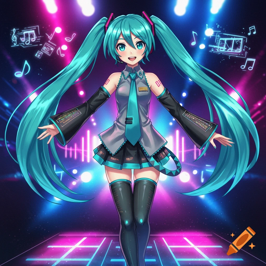 Anime character Hatsune Miku with long teal pigtails, a gray and black outfit, and thigh-high boots, standing on a glowing stage with musical notes.