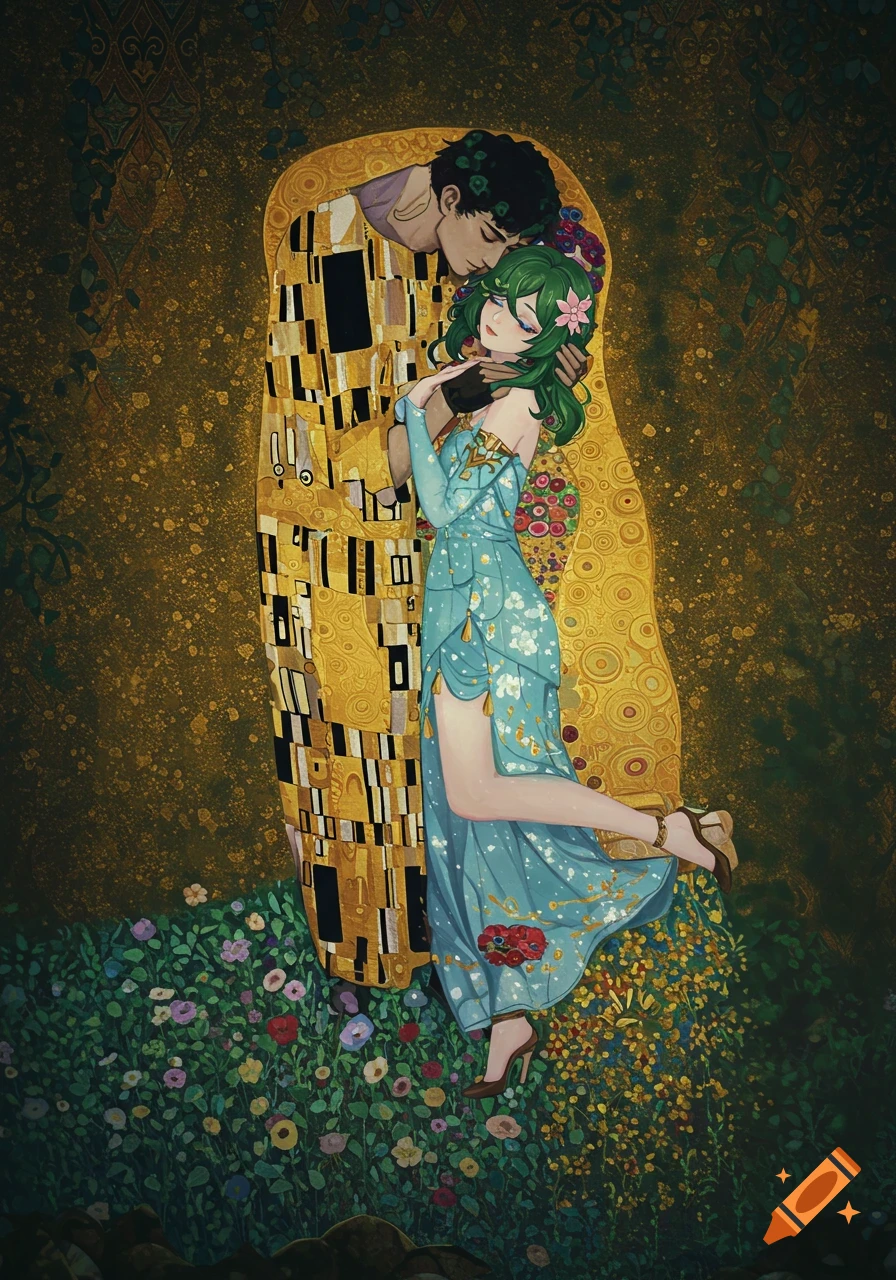 An anime couple embracing amidst golden Art Nouveau patterns and flowers, mimicking Gustav Klimt's 'The Kiss'.