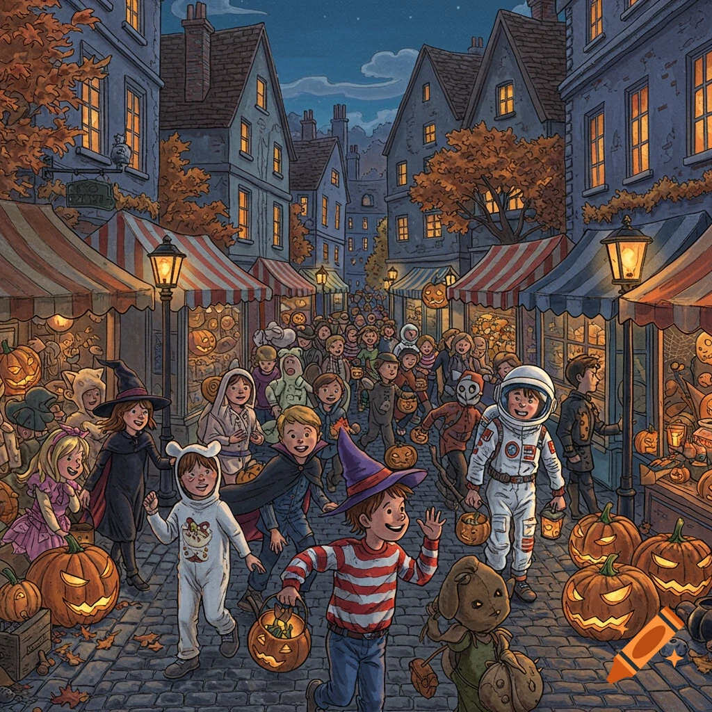 Illustrated Halloween street scene at dusk with children in costumes trick-or-treating past shops, fall leaves, and glowing pumpkins.