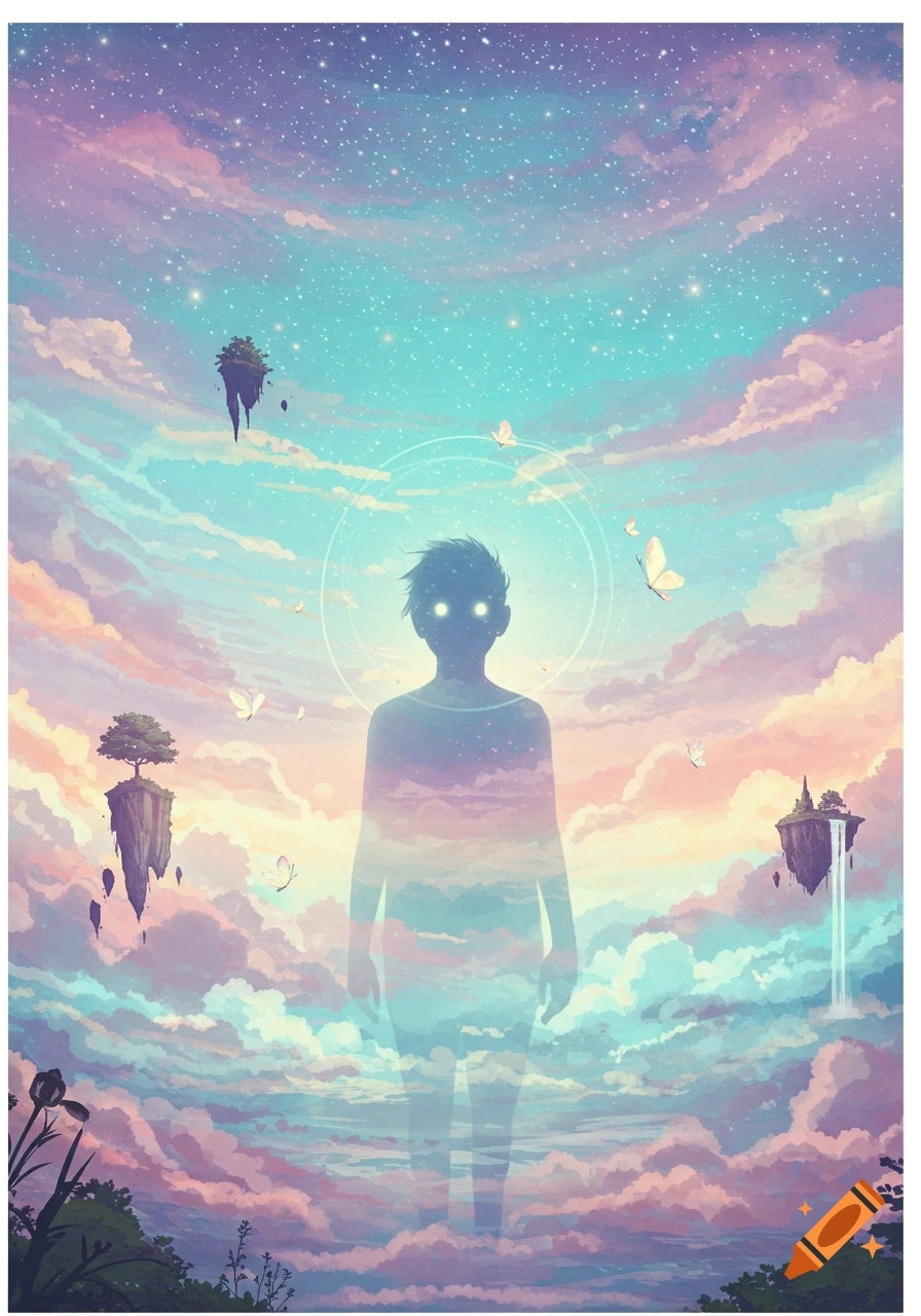 A dreamlike illustration of a translucent human silhouette with glowing eyes against a starry, pastel sky with clouds, floating islands, and butterflies.