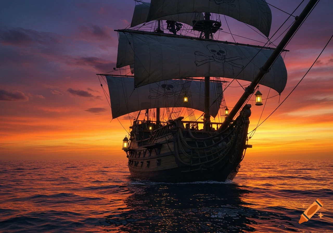 A pirate ship with white sails, featuring skull and crossbones flags, sails on a calm ocean under a vibrant orange and purple sunset.