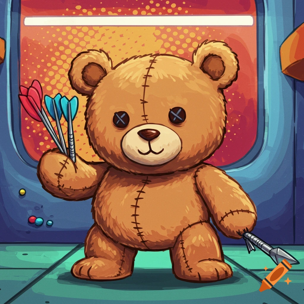 A cartoon teddy bear holding darts and with a dart stuck in its leg, standing in an arcade setting.