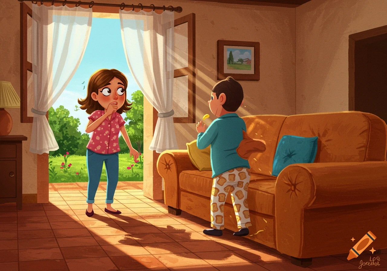 Digital illustration of a surprised girl in a sunlit room, watching a boy holding a yellow item with toast-patterned pants.