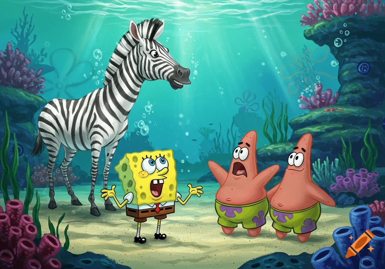 Spongebob and two Patricks look surprised at a zebra standing on the ocean floor, surrounded by coral.
