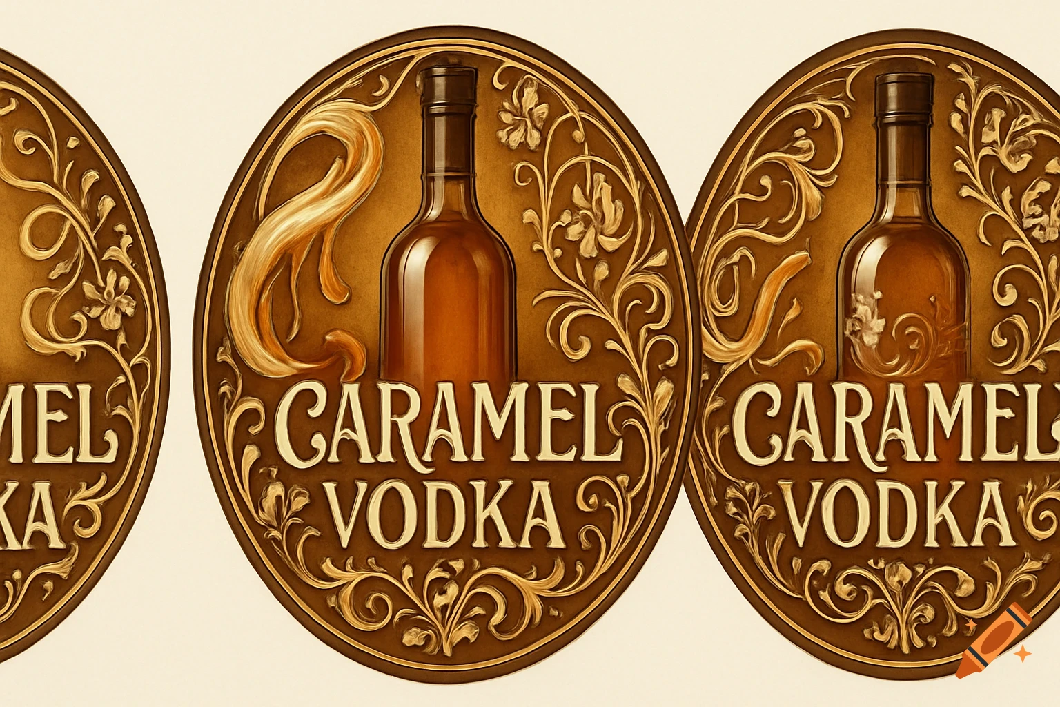 Three ornate brown and gold circular labels for 'Caramel Vodka' featuring a bottle and floral designs.