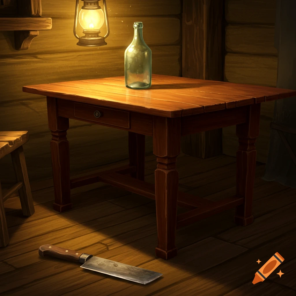 A rustic wooden room with a table, an empty bottle, a lit lantern, and a cleaver on the floor.