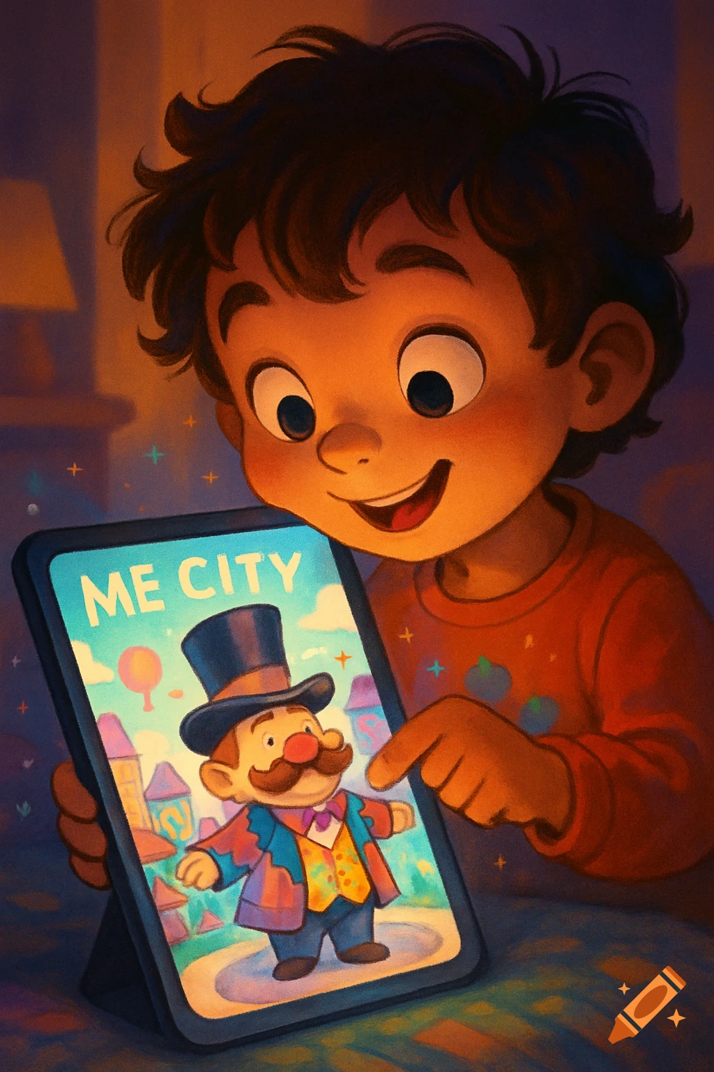 A happy cartoon boy touches a tablet screen displaying a cartoon mayor in a top hat from 'ME CITY', in an illustrated style.