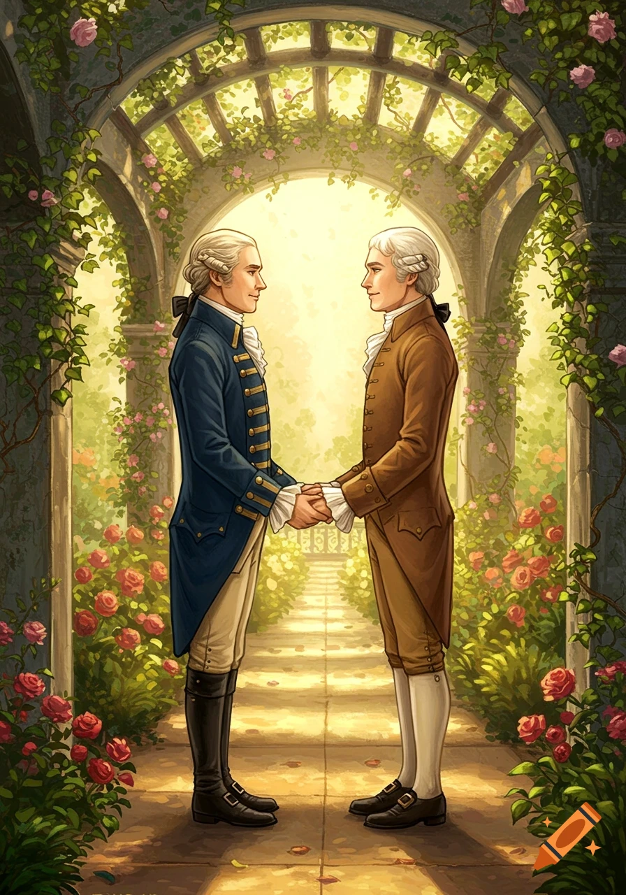 Illustration of two men in historical attire holding hands in a rose-covered garden archway, bathed in warm light.