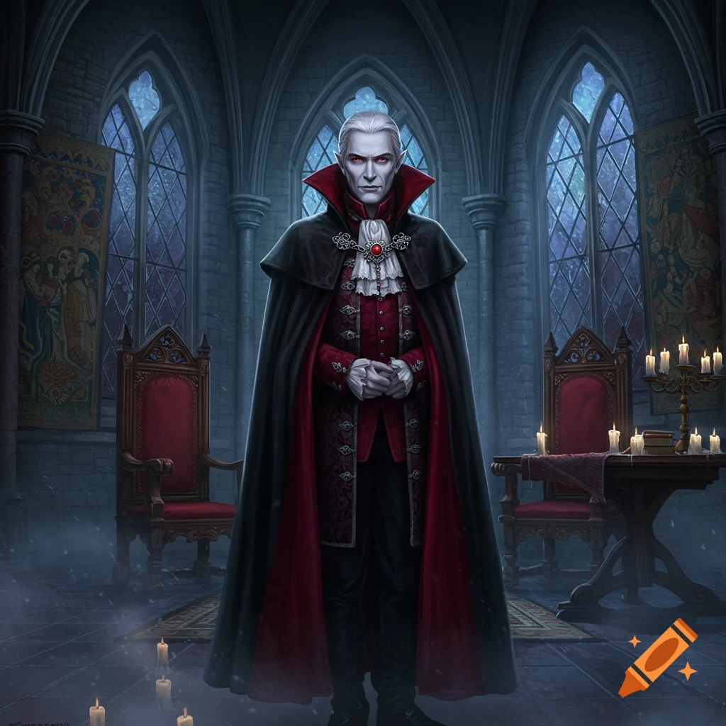 A pale-skinned vampire with red eyes and a black and red cape stands in a dark, gothic chamber with stained-glass windows and lit candles.