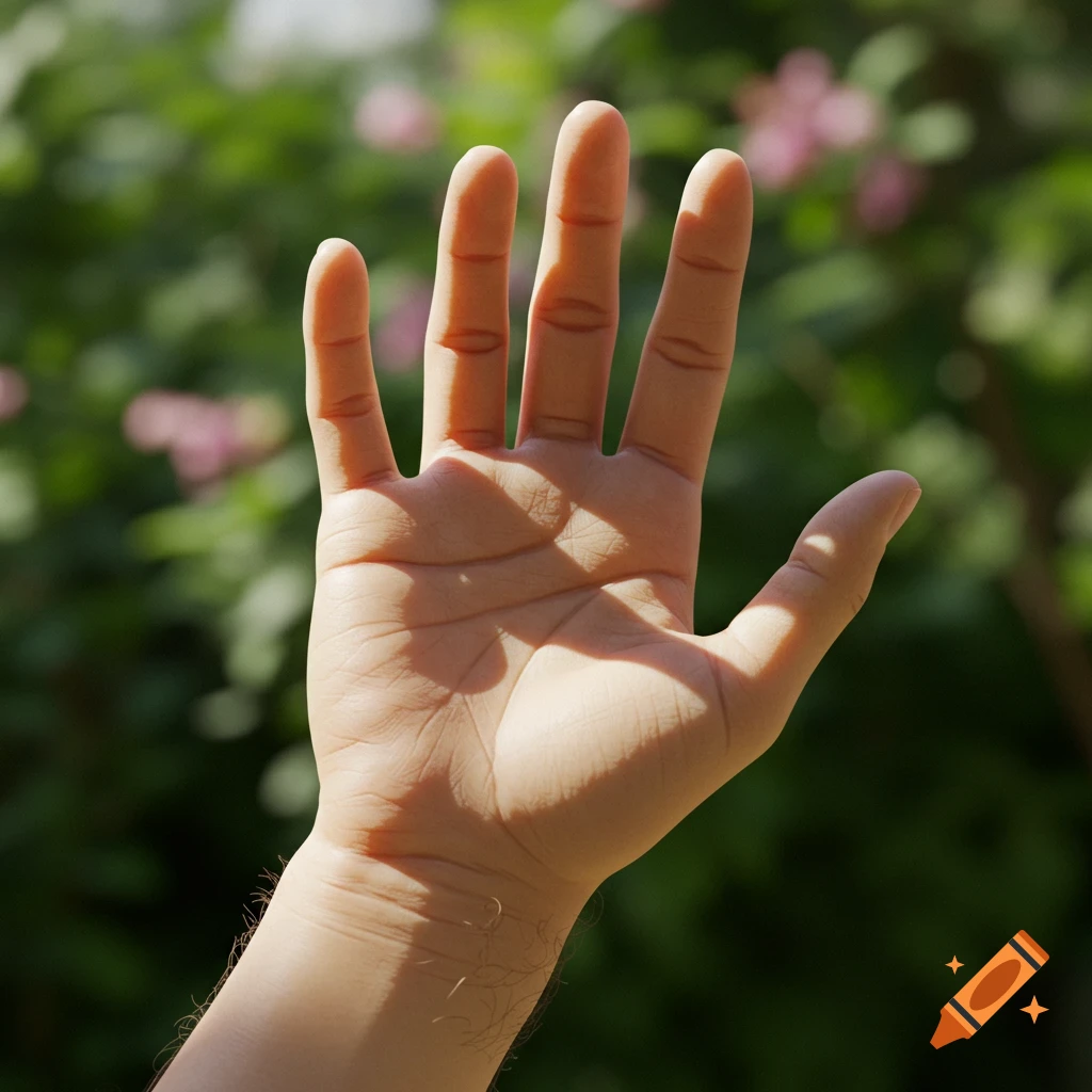 A close-up of a realistic human hand with palm facing outwards, casting shadows against a blurred green and pink background.