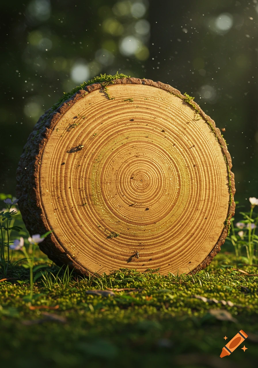 Close-up of a tree log cross-section showing growth rings and mossy bark, resting on green moss with dappled sunlight.