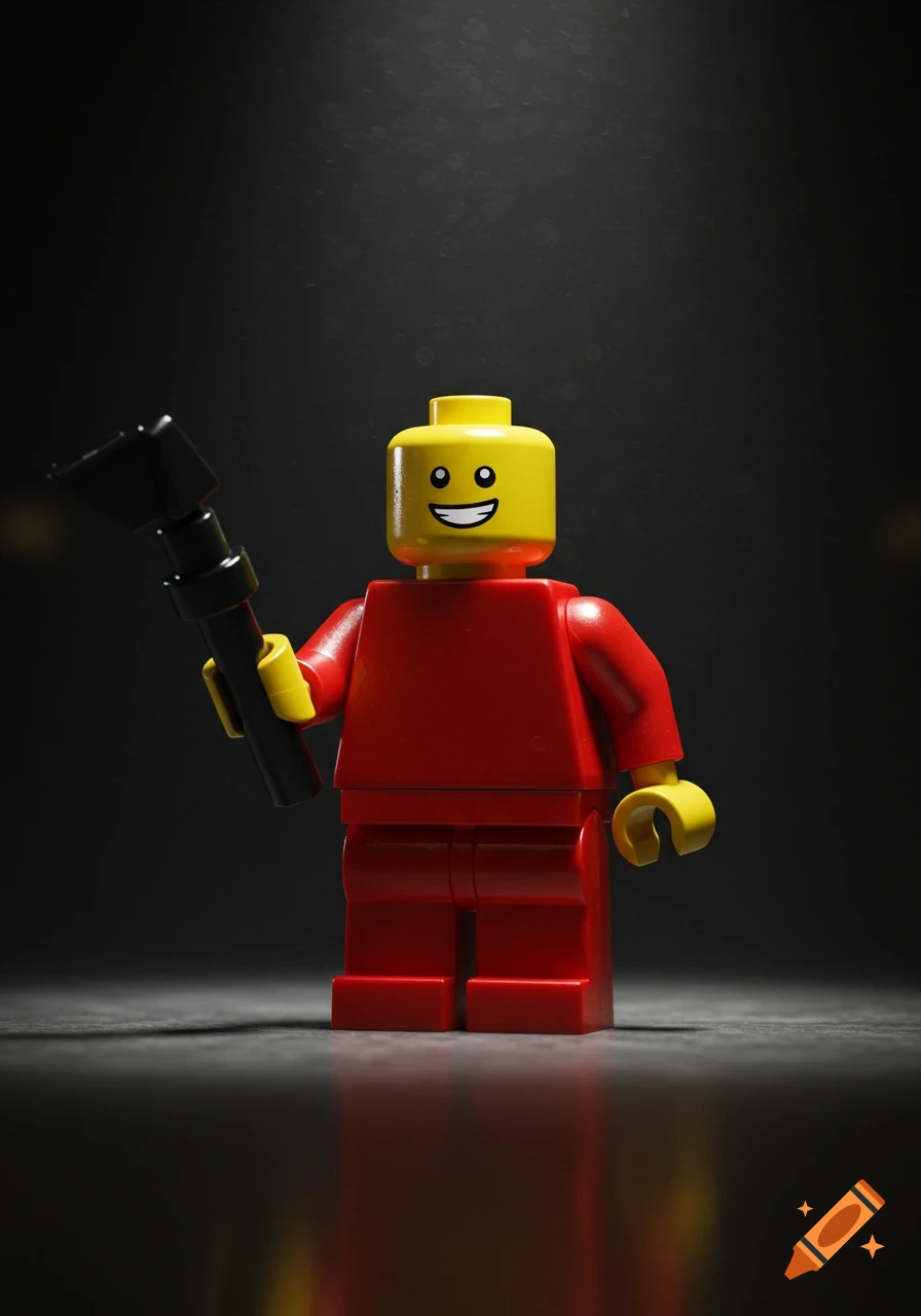 A red LEGO minifigure with a smiling face holds a black tool in its right hand against a dark, blurry background.