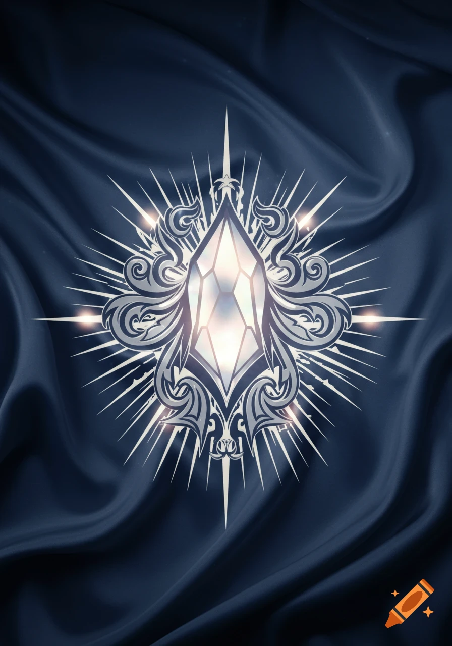 A stylized, glowing silver and white crystal crest radiates light against a dark blue, flowing silk fabric background.