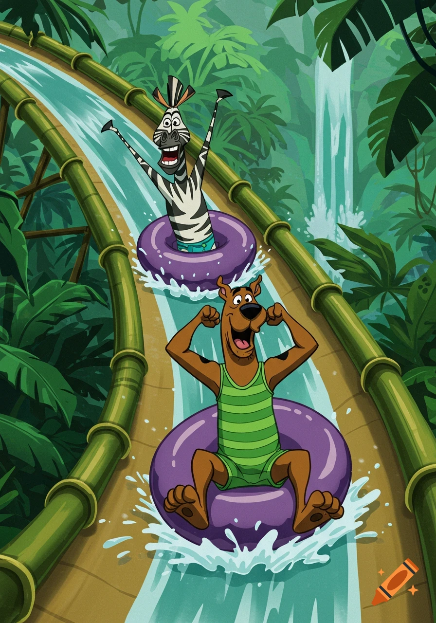 Scooby Doo and Marty the zebra happily slide down a bamboo waterslide on purple inner tubes in a lush jungle with a waterfall.