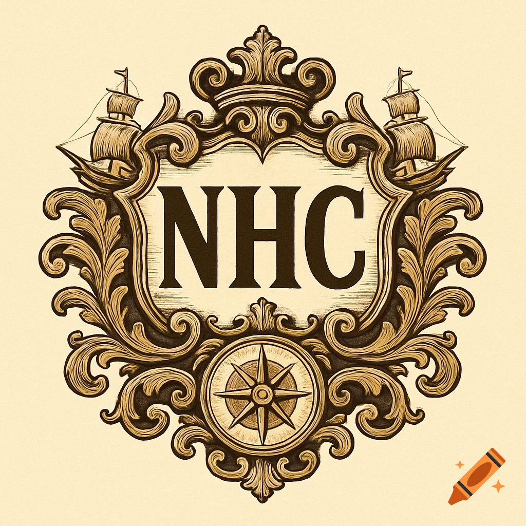 A vintage-style logo featuring a decorative crest with the letters "NHC", two sailing ships, and a compass rose at the bottom.