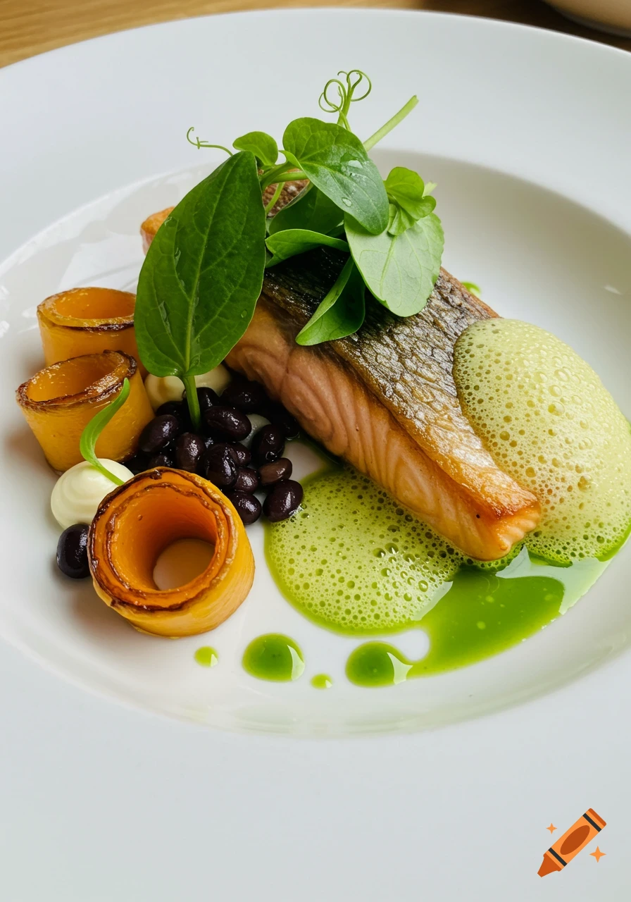A gourmet salmon filet with crispy skin, green foam, green oil, spiral-cut butternut squash, black beans, and fresh sorrel on a white plate.
