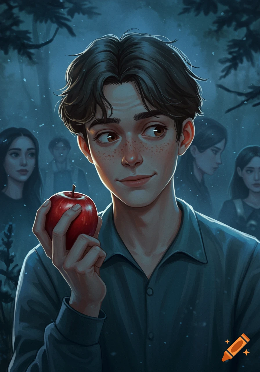 A semi-realistic digital art portrait of a young man with dark hair and freckles, holding a red apple and smirking in a cold, misty forest.